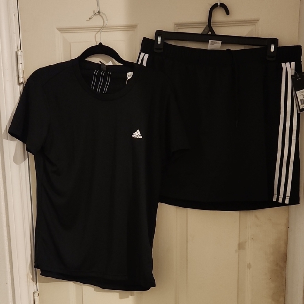 Adidas Black Tee and Tennis/Golf Skort with White Stripes